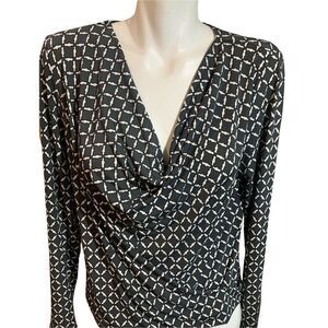 Laundry by Shelli Segal Womens Top Gray/Black/White Geo Pattern Cowl Nec…